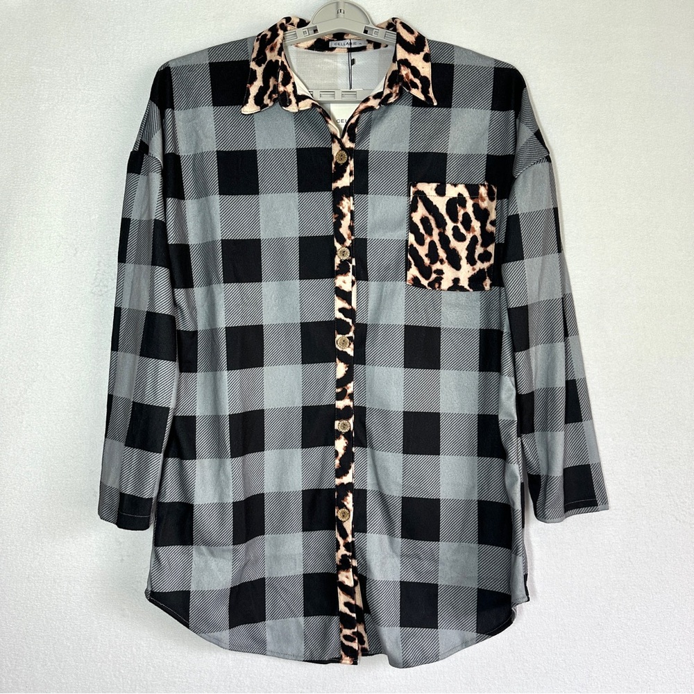 Cellabie Flannel Shirt XL Gray Black Leopard Print Long Sleeve Polyester New